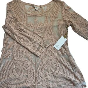 saint tropez west Cotton Blend  Lace Tunic Peach M‎ 3/4 Sleeve Romantic Boho NWT